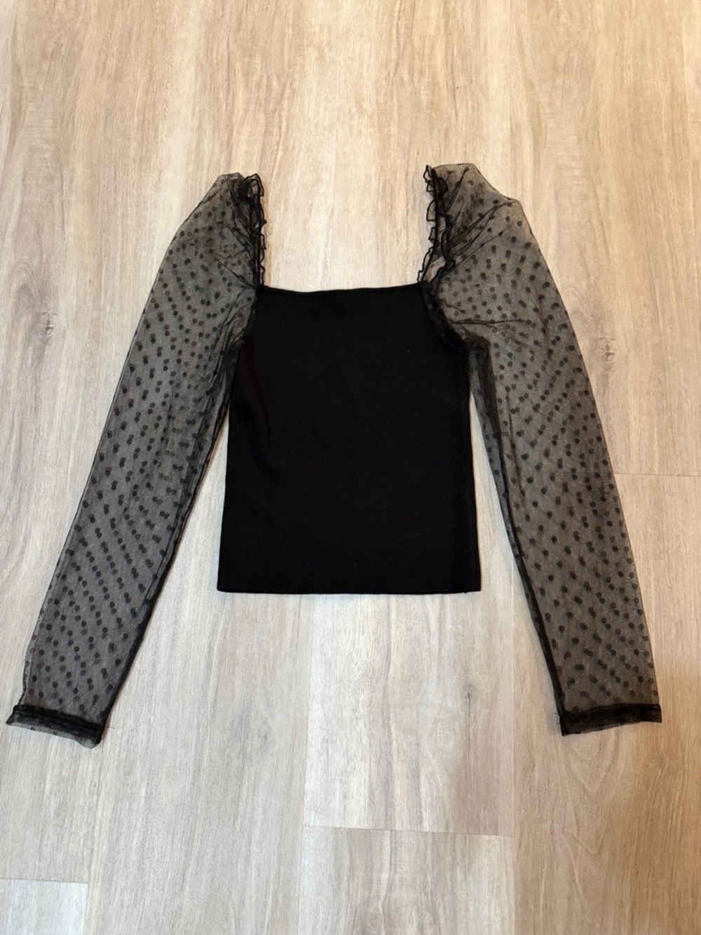 Petal & Pup Black Square Neck Top with Sheer Polka-Dot Puff Sleeves. Worn once!